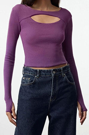 Stil Kadın Fitilli Fitted Vücuda Oturan Pencere Cut Out Detaylı Esnek Bluz Crop Örme Slim Kalıp