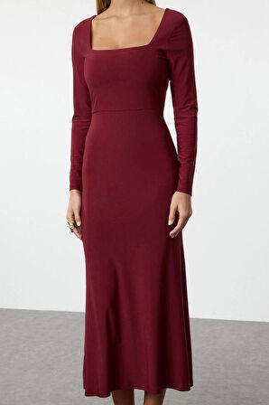 Moda Stil Slim Kare Yaka Maxi Boy Volanlı Fitted Vücuda Oturan Esnek Örme Elbise