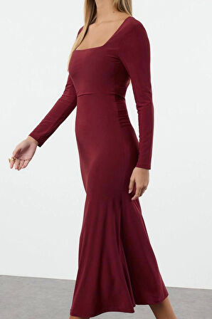 Moda Stil Slim Kare Yaka Maxi Boy Volanlı Fitted Vücuda Oturan Esnek Örme Elbise