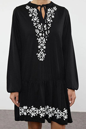 Moda Stil Regular V Yaka Mini Boy Balon Kol Baskılı A-line Çan Açılan Örme Elbise