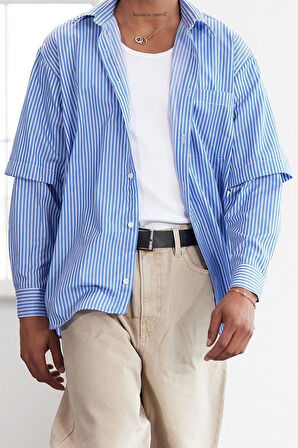 Şık Çizgili Desen Gömlek Yaka Limited Edition Relaxed Fit Alttan Çıkma Kollu Gömlek
