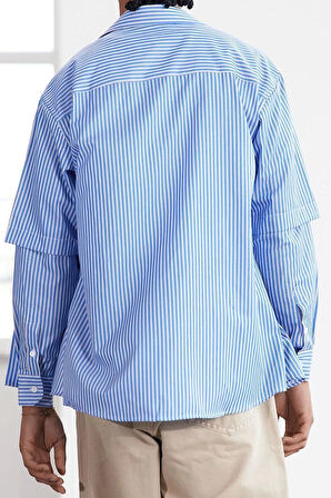 Şık Çizgili Desen Gömlek Yaka Limited Edition Relaxed Fit Alttan Çıkma Kollu Gömlek