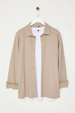 Şık Düz Desen Gömlek Yaka Regular Rahat Esnek Örme Kumaşlı Kışlık Gömlek