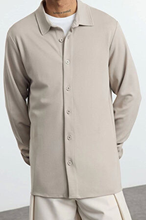 Şık Düz Desen Gömlek Yaka Regular Rahat Esnek Örme Kumaşlı Kışlık Gömlek