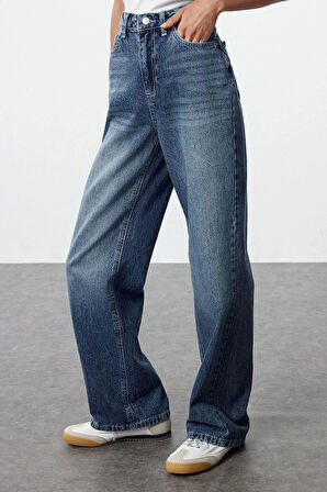 Stil Kadın Moda Denim Kot Pantolon Regular Geniş Paça Mavi Yüksek Bel Straight Jeans