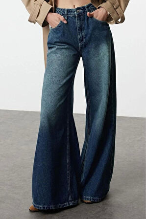 Stil Kadın Moda Denim Kot Pantolon Uzun Geniş Paça Mavi Yüksek Bel Ekstra Palazzo Jeans