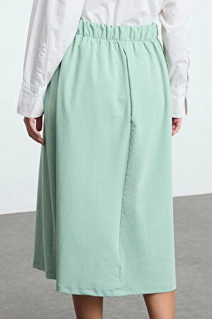 Modern Tarz Astarsız Örme Midi Boy Beli Lastikli Dokuma Görünümlü Örme Kloş Etek