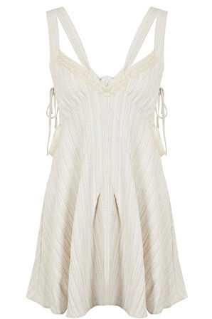 Moda Stil Regular V Yaka Midi Boy Ekru Dokuma Cut out Pencere Plaj Elbisesi