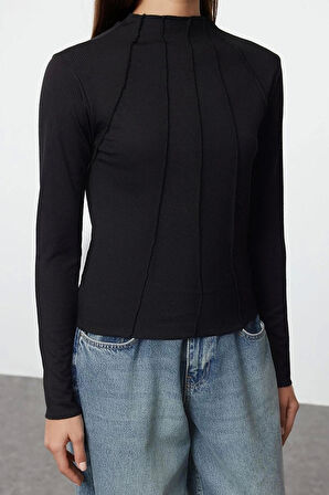 Stil Kadın Fitted Fermuarlı Biye Detaylı Fitilli Esnek Bluz Standart Örme Regular Kalıp Reglan Kol