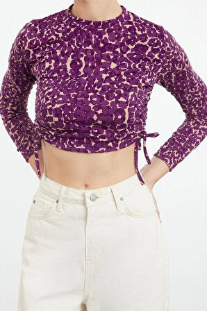 Stil Kadın Baskılı Fitted Büzgü Drape Detaylı Esnek Bluz Standart Örme Slim Kalıp