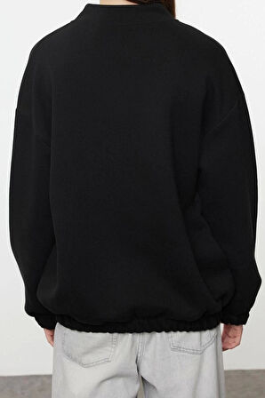 Oversize Bisiklet Yaka Düşük Kol Uzun Fermuarlı Geniş Kalıp Kalın İçi Polarlı Örme Sweatshirt