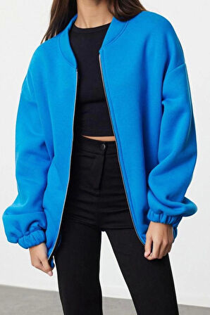 Oversize Bisiklet Yaka Düşük Kol Uzun Fermuarlı Geniş Kalıp Kalın İçi Polarlı Örme Sweatshirt
