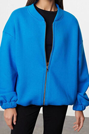 Oversize Bisiklet Yaka Düşük Kol Uzun Fermuarlı Geniş Kalıp Kalın İçi Polarlı Örme Sweatshirt