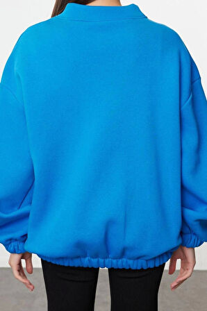 Oversize Bisiklet Yaka Düşük Kol Uzun Fermuarlı Geniş Kalıp Kalın İçi Polarlı Örme Sweatshirt
