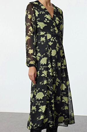 Moda Stil Regular Kruvaze Midi Boy Çiçek Desenli A Kesim Yaka Dokuma Elbise