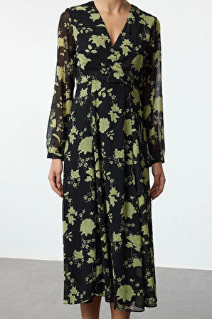 Moda Stil Regular Kruvaze Midi Boy Çiçek Desenli A Kesim Yaka Dokuma Elbise