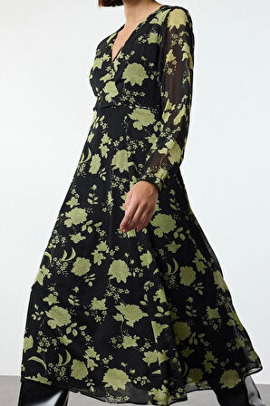 Moda Stil Regular Kruvaze Midi Boy Çiçek Desenli A Kesim Yaka Dokuma Elbise