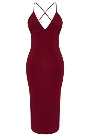Moda Stil Fitted V Yaka Midi Boy Vücuda Oturan Örme Şık Abiye Elbise