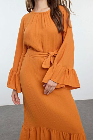 Moda Stil Relaxed Bisiklet Yaka Maxi Boy Tesettür Eteği Fırfırlı Müslin Dokuma Elbise