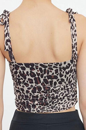 Stil Kadın Animal Leopar Desenli Bağlama Detaylı Esnek Bluz Crop Örme Slim Kalıp