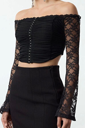 Stil Kadın Agraflı Dantel Bluz Crop Örme Fitted Kalıp