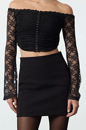 Stil Kadın Agraflı Dantel Bluz Crop Örme Fitted Kalıp