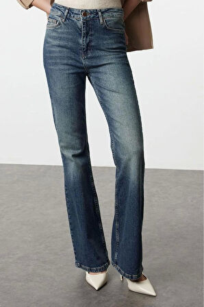 Stil Kadın Moda Denim Kot Pantolon Uzun İspanyol Paça Mavi Soluk Vintage Yüksek Bel Jeans
