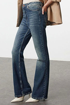 Stil Kadın Moda Denim Kot Pantolon Uzun İspanyol Paça Mavi Soluk Vintage Yüksek Bel Jeans