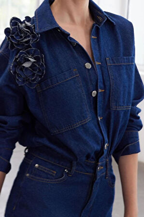 Moda Stil Regular Gömlek Yaka Regular Boy Limited Edition Gül Detaylı Denim Elbise