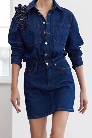 Moda Stil Regular Gömlek Yaka Regular Boy Limited Edition Gül Detaylı Denim Elbise