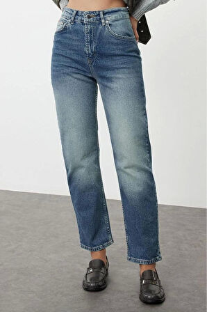 Stil Kadın Moda Denim Kot Pantolon Uzun Boru Paça Mavi Yüksek Bel Straight Jeans
