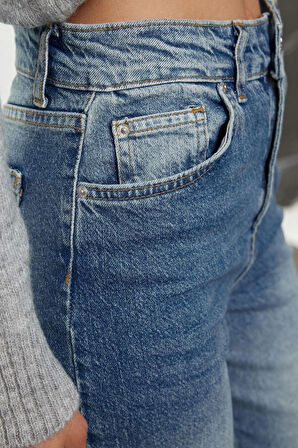 Stil Kadın Moda Denim Kot Pantolon Uzun Boru Paça Mavi Yüksek Bel Straight Jeans