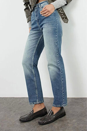 Stil Kadın Moda Denim Kot Pantolon Uzun Boru Paça Mavi Yüksek Bel Straight Jeans