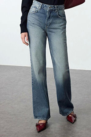 Stil Kadın Moda Denim Kot Pantolon Uzun Boru Paça Soluk Vintage Yüksek Bel Jeans