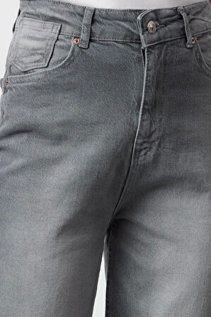 Stil Kadın Moda Denim Kot Pantolon Uzun Boru Paça Gri Yüksek Bel Comfort Mom Jeans