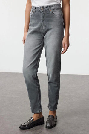 Stil Kadın Moda Denim Kot Pantolon Uzun Boru Paça Gri Yüksek Bel Comfort Mom Jeans