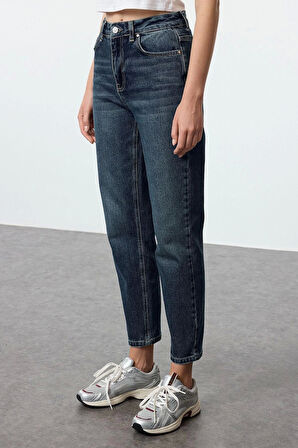 Stil Kadın Moda Denim Kot Pantolon Uzun Boru Paça Yüksek Bel Slim Mom Jeans