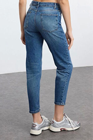 Stil Kadın Moda Denim Kot Pantolon Regular Boru Paça Mavi Yüksek Bel Slim Mom Jeans