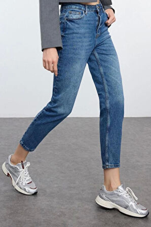 Stil Kadın Moda Denim Kot Pantolon Regular Boru Paça Mavi Yüksek Bel Slim Mom Jeans