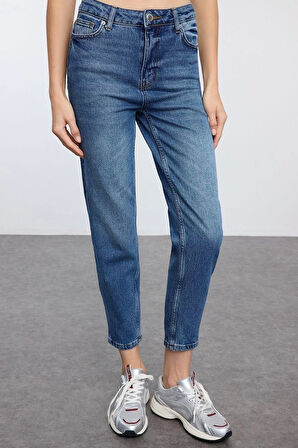 Stil Kadın Moda Denim Kot Pantolon Regular Boru Paça Mavi Yüksek Bel Slim Mom Jeans