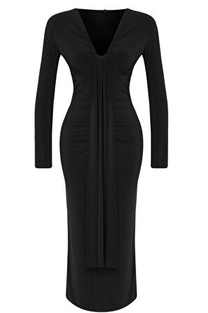 Moda Stil Fitted V Yaka Midi Boy Vücuda Oturan Örme Elbise