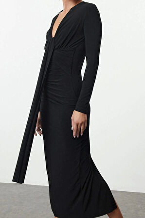 Moda Stil Fitted V Yaka Midi Boy Vücuda Oturan Örme Elbise