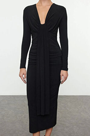 Moda Stil Fitted V Yaka Midi Boy Vücuda Oturan Örme Elbise