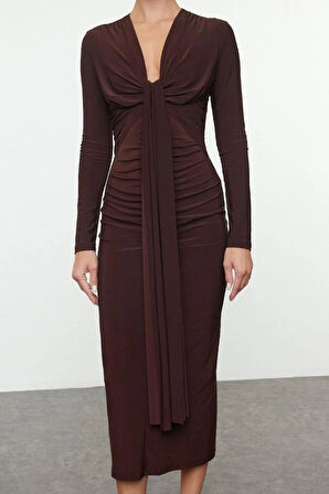 Moda Stil Fitted V Yaka Midi Boy Vücuda Oturan Örme Elbise