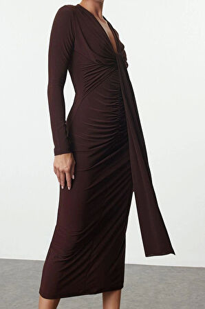 Moda Stil Fitted V Yaka Midi Boy Vücuda Oturan Örme Elbise