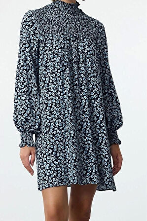 Moda Stil Regular Dik Yaka Mini Boy Düz Kesim Gipeli Dokuma Elbise