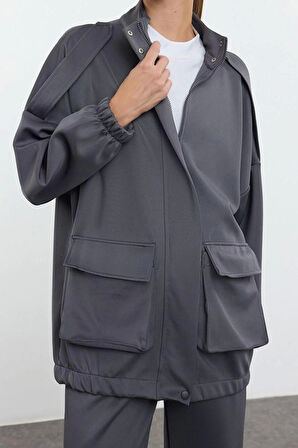 Tarz Kadın Modern Moda Normal Bel Boru Paça V Yaka Cep Detaylı Dik Yaka Örme Alt-Üst Takım