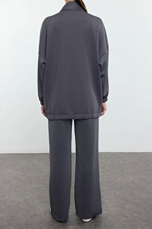 Tarz Kadın Modern Moda Normal Bel Boru Paça V Yaka Cep Detaylı Dik Yaka Örme Alt-Üst Takım