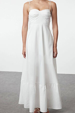 Moda Stil Regular Kalp Yaka Maxi Boy Drape Detaylı Dokuma Elbise