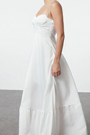 Moda Stil Regular Kalp Yaka Maxi Boy Drape Detaylı Dokuma Elbise